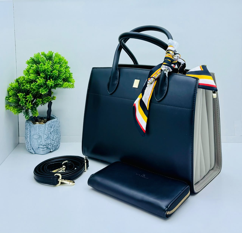 Sac cabas structuré noir avec ensemble portefeuille et foular