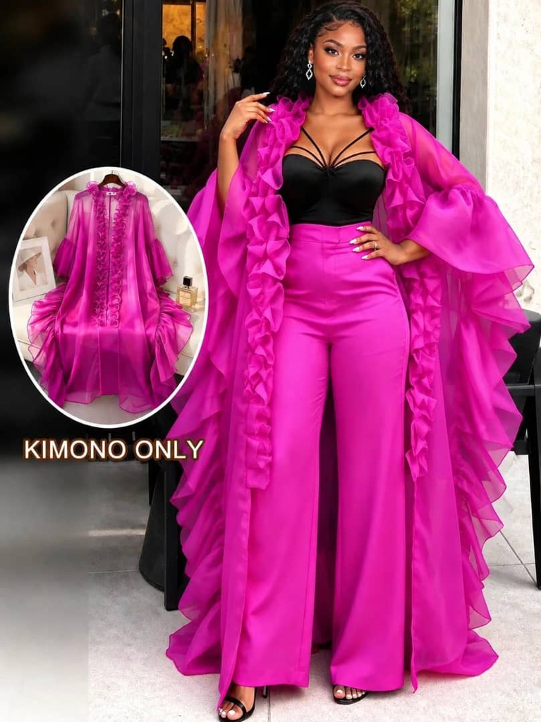 Kimono long en organza fuchsia à volants