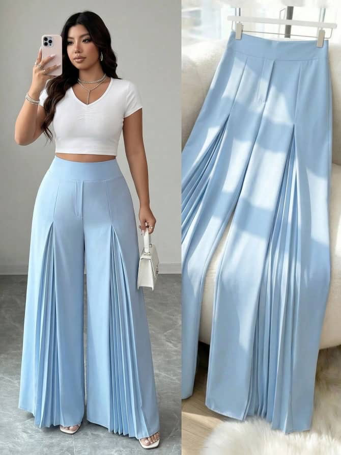 Pantalon palazzo bleu ciel taille haute à plis soleil