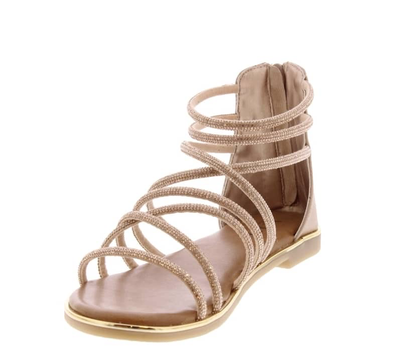 Sandales plates gladiateur or rose à brides strassées