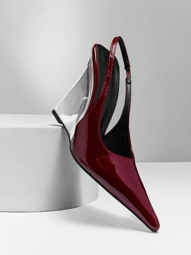 Escarpins slingback bordeaux vernis à talon compensé transparent