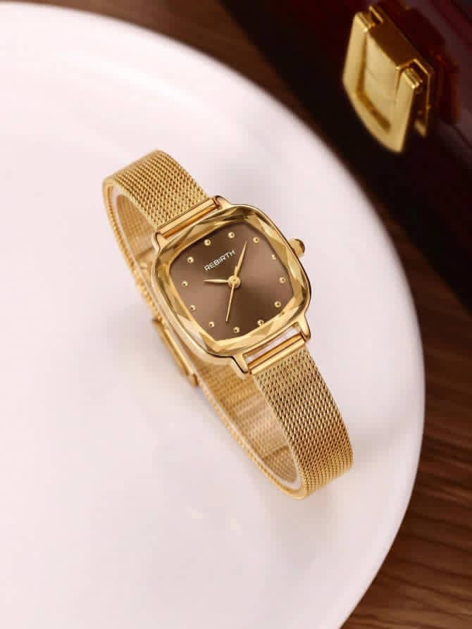 Montre femme dorée « Rebirth » à bracelet milanais et cadran marron