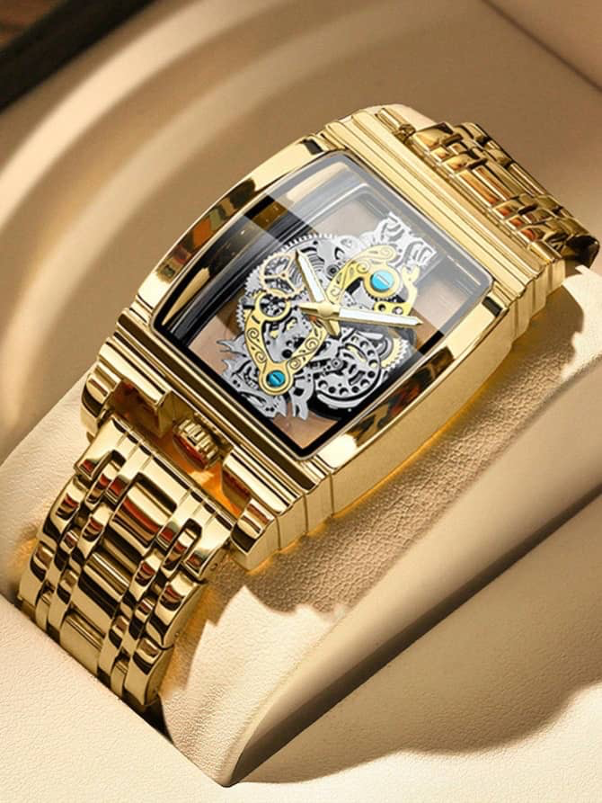 Montre homme dorée squelette à boîtier rectangulaire bombé