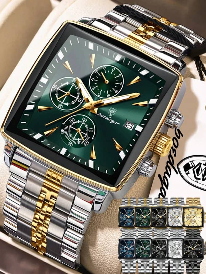 Montre homme chronographe « Poedagar » à cadran vert et bracelet bicolore