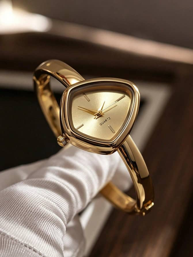 Montre bracelet jonc dorée à boîtier triangulaire arrondi