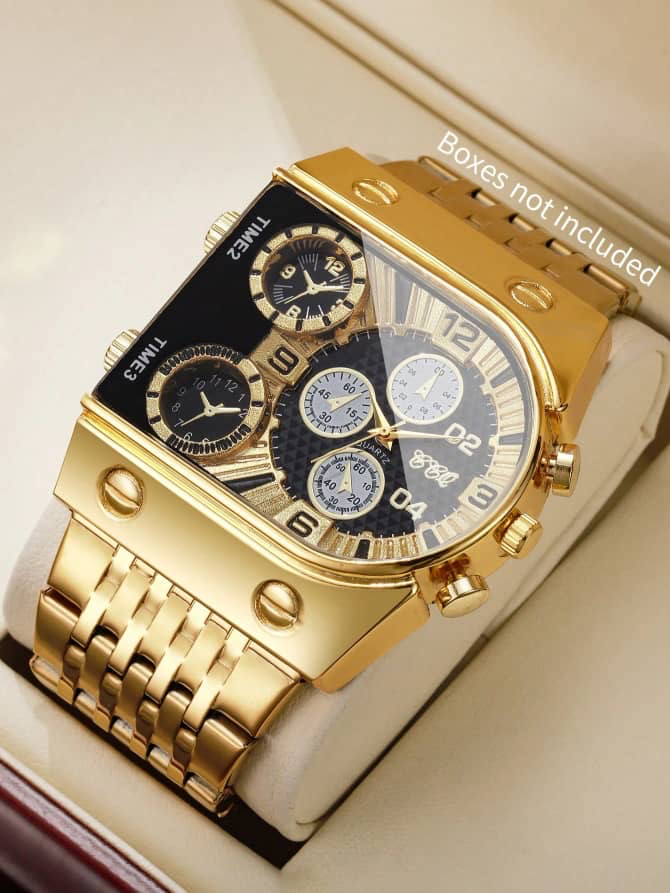 Montre homme XXL dorée à triple fuseau horaire et cadran noir