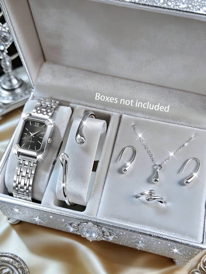 Coffret montre femme argentée avec parure assortie (bracelet, collier, boucles d’oreilles, bague)