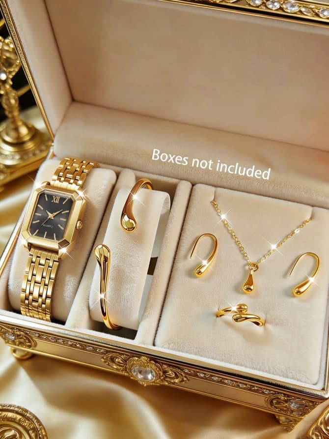 Coffret montre femme dorée avec parure assortie (bracelet, collier, boucles d’oreilles, bague)