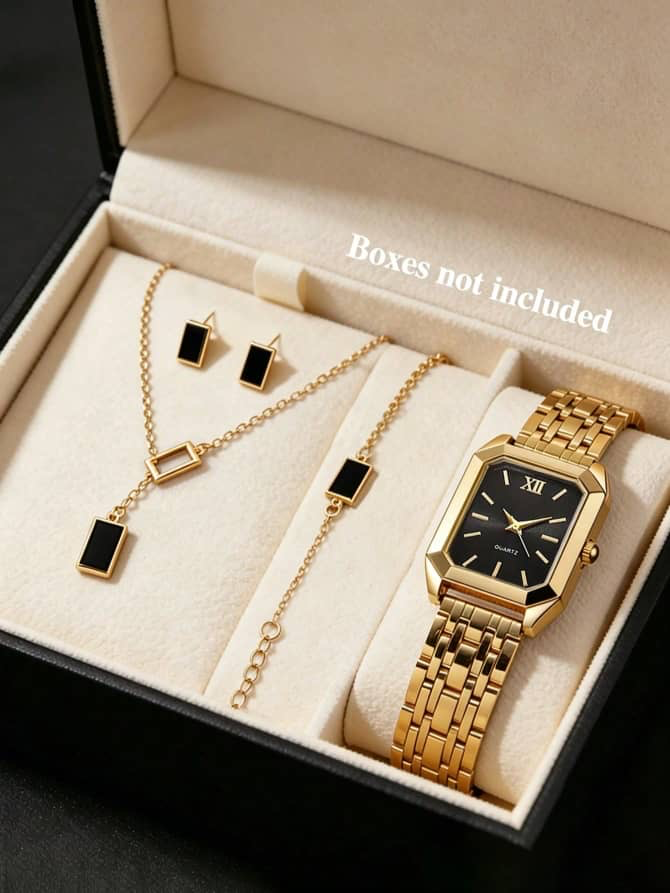 Coffret montre femme dorée avec parure noir et or (collier, bracelet, boucles d’oreilles)