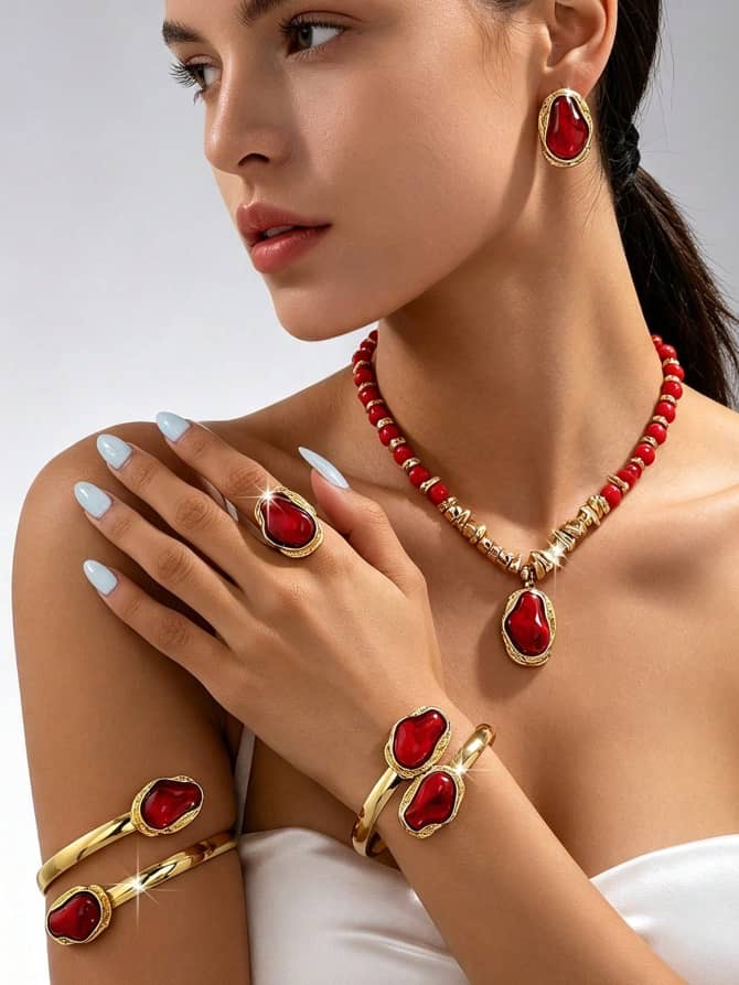 Parure dorée à pierres rouges (collier, boucles d’oreilles, bague, bracelets)