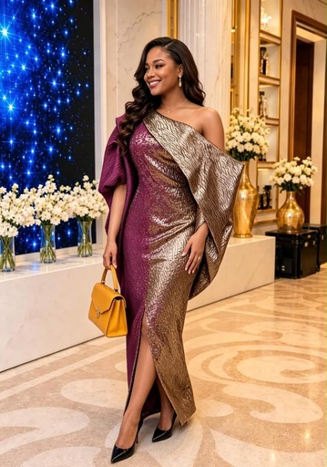 Robe longue a sequins bordeaux et or
